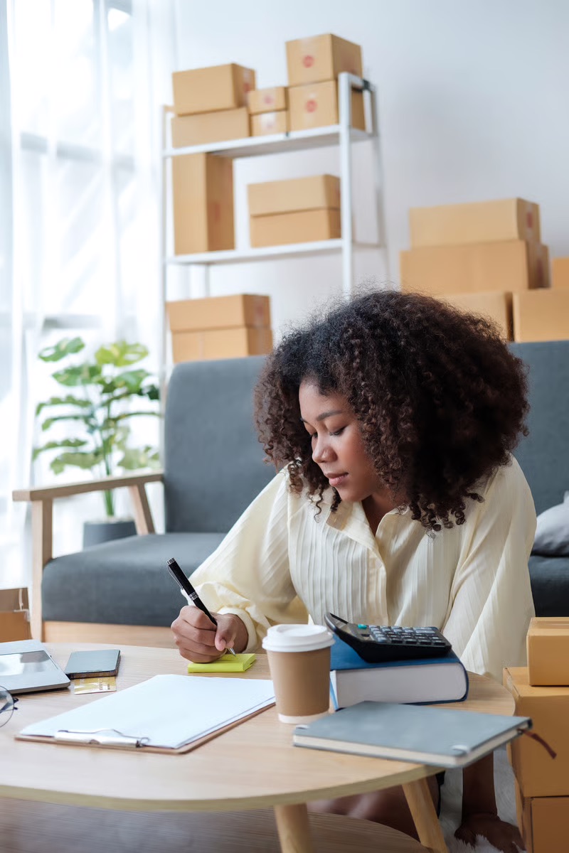 Woman business owner managing finances with a calculator and paperwork while working from her small business.